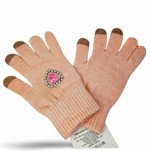 Custom Crystal Heart & Pearl Embellished Lt Pink Touchscreen Knit Gloves TT1518 - Picture 3 of 4